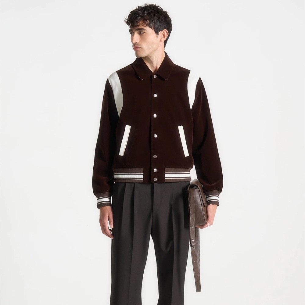 NWT Velvet and silk Brown and White Varsity Jacket - Classic Two-Tone
